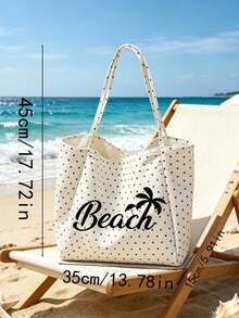 白色波點海灘托特包，印有「Beach」字樣與棕櫚樹圖案，大容量帆布單肩包，可重複使用，適合購物與旅行，可折疊帆布單肩托特包，通勤包，平板電腦包，收納包，夏季必備旅行包，適合海灘旅行、泳池日、購物與日常使用，適合女性、旅行者與海灘愛好者，完美適用於春假、復活節、母親節、度假與送禮 - 彩色 - 查看 9