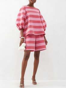 Magic Mia Striped Two-Piece Set, Puff Sleeve Loose Blouse & Matching Shorts, Casual Co-Ord For Dates, Birthday & Vacation - Pink - View 2