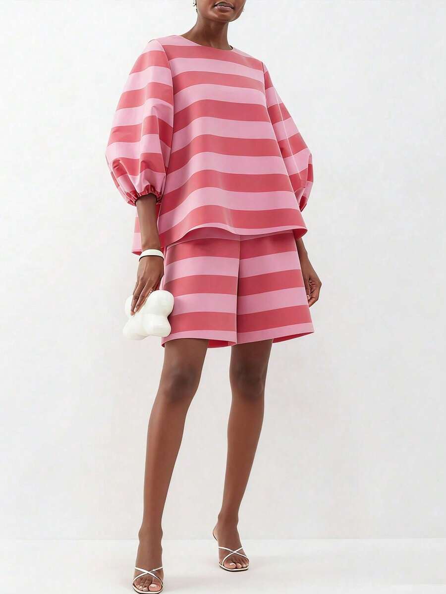 Magic Mia Striped Two-Piece Set, Puff Sleeve Loose Blouse & Matching Shorts, Casual Co-Ord For Dates, Birthday & Vacation