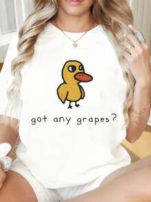 Women's Casual T-Shirt With Round Neck And Short Sleeves, Funny "Duck Got Any Grapes" Print, Casual Graphic Tee For Women, Humorous T-Shirt, Suitable For Valentine's Day, Christmas Parties, Sports Activities, Holiday Parties, Outings, Sports And Other Festive Gifts. Fashion - 白色 - 查看 1