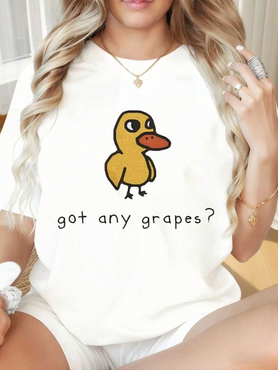 Women's Casual T-Shirt With Round Neck And Short Sleeves, Funny "Duck Got Any Grapes" Print, Casual Graphic Tee For Women, Humorous T-Shirt, Suitable For Valentine's Day, Christmas Parties, Sports Activities, Holiday Parties, Outings, Sports And Other Festive Gifts. Fashion - 白色 - 查看 1
