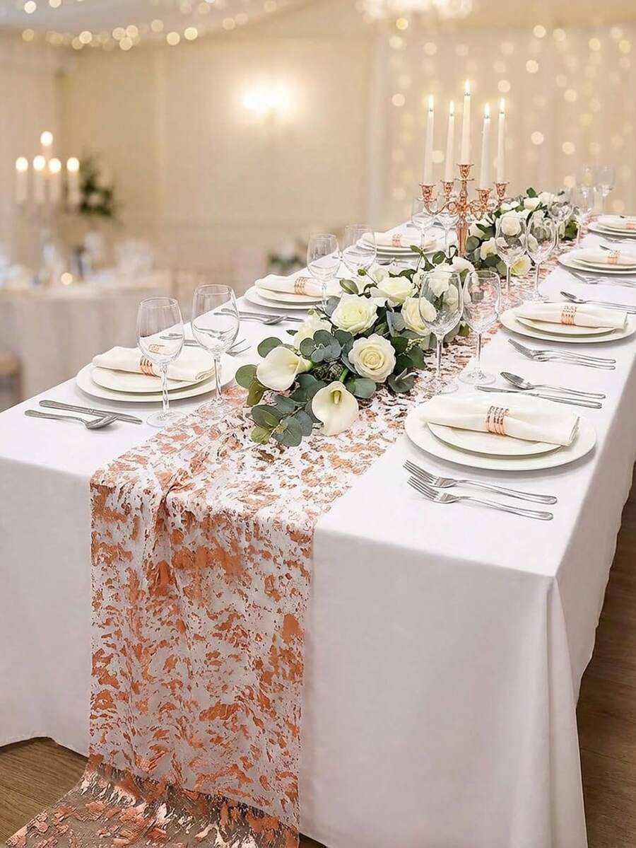 1pc Rose Gold Mesh Table Runner 28cm*5m/28cm*10m/28cm*15m/28cm*30m Shiny Rectangular Table Runner Roll Decor, Suitable For Wedding Party, Birthday And Other Occasions DIY Home Decoration Wedding Atmosphere Table Runner - Rose Gold - View 1