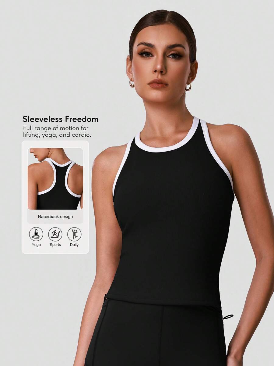 Sodalemon Áo tank top tập luyện phối màu cho nữ, áo tank thể thao chạy bộ yoga lưng chữ I, áo vest fitness lưng racerback - màu đen - Xem 1