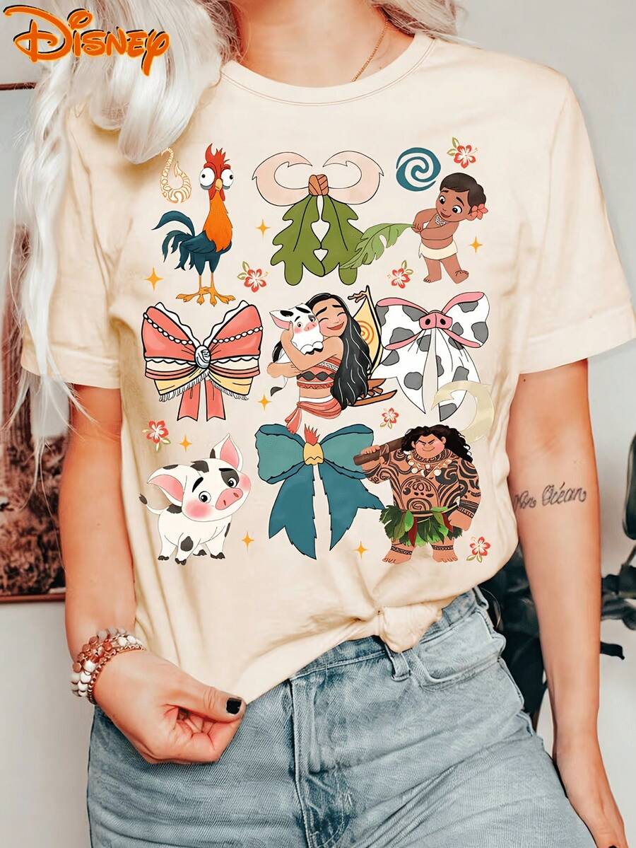 Disney Moana Themed Grid Print Cotton Blend Short Sleeve Crew Neck T-Shirt, Cute Island Casual Tee For Women - 杏色 - 查看 1