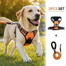 No Pull Reflective Dog Harness With Leash Set, Adjustable Soft Mesh Pet Vest Harness With Easy Control Handle, Breathable Heavy Duty Outdoor Walking Training Chest Strap For Small Medium Large Dogs - Orange - View 2