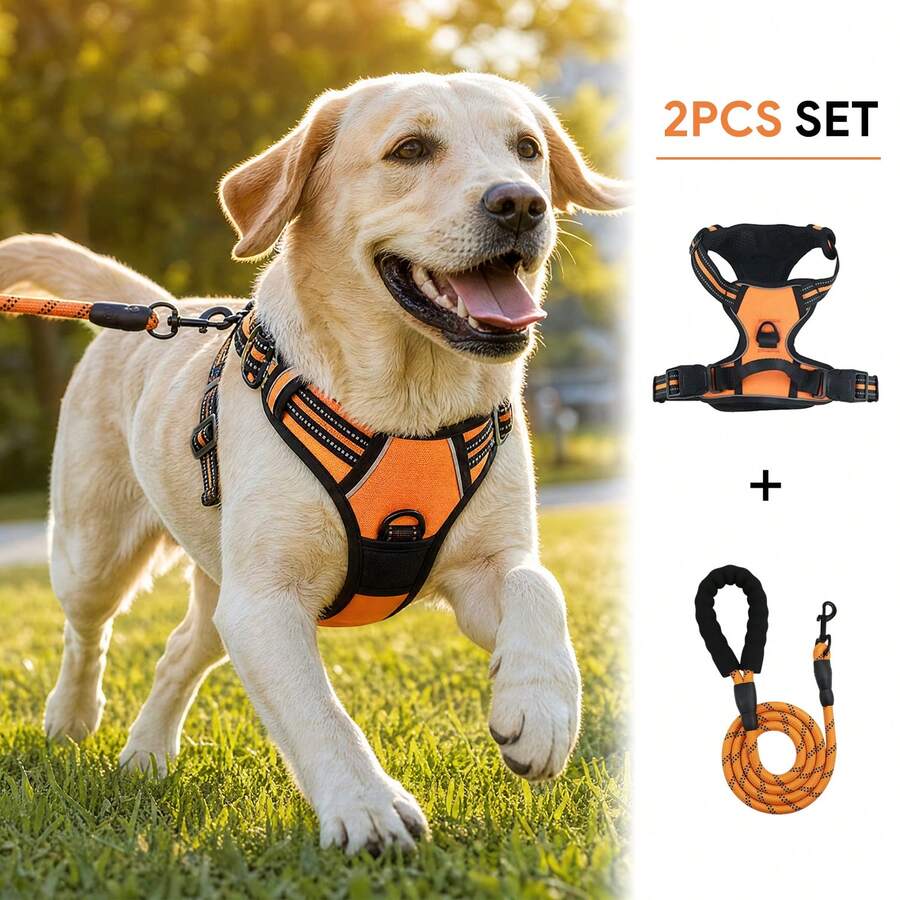 No Pull Reflective Dog Harness With Leash Set, Adjustable Soft Mesh Pet Vest Harness With Easy Control Handle, Breathable Heavy Duty Outdoor Walking Training Chest Strap For Small Medium Large Dogs