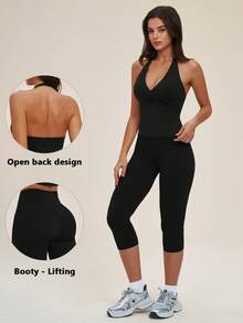 TimeOff Women's One Set Halter Neck V-Neck Criss-Cross Wrap Design Backless Tank Top Tummy Control Butt Lifting Mid-Length Shorts Sports Set - Black - View 1