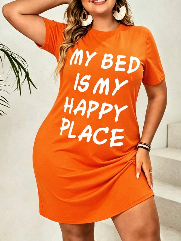 Plus Size Nightgown - Slogan Print Nightgown - Short Sleeve, Round Neck, Casual Style - Women's Sleepwear & Loungewear - Dreamy Comfort