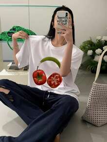 Women's Casual Graphic Print T-Shirt - Retro Y2K Tomato And Headphone Print T-Shirt - Short Sleeve Crew Neck Casual Top For Spring, Summer, Autumn, Regular Fit, Slim H-Line Style, Modern Print Design, Comfortable Fabric, Unique 2026 T-Shirt - For Sporting Events, Parties, Social Events, Sports And Other Parties 2026 Breathable And Comfortable - 白色 - 查看 1