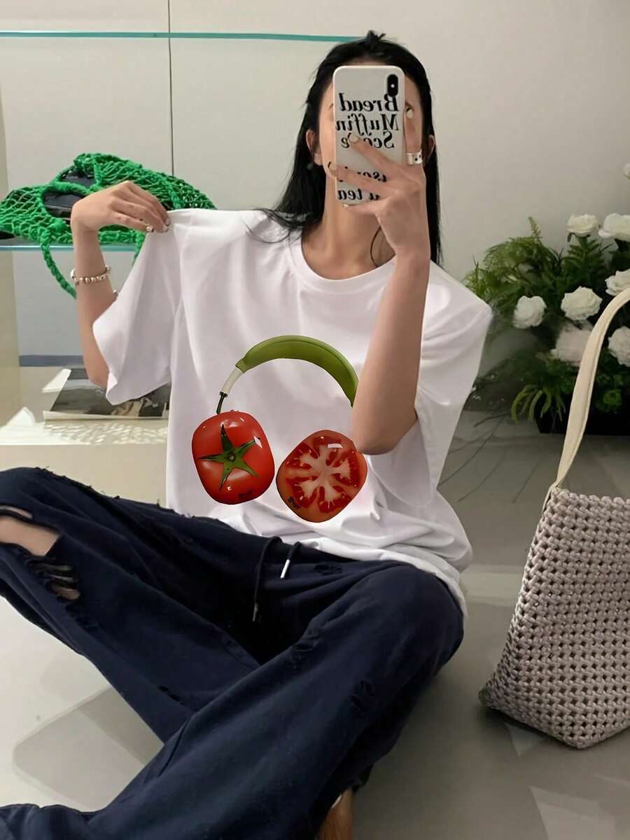 Women's Casual Graphic Print T-Shirt - Retro Y2K Tomato And Headphone Print T-Shirt - Short Sleeve Crew Neck Casual Top For Spring, Summer, Autumn, Regular Fit, Slim H-Line Style, Modern Print Design, Comfortable Fabric, Unique 2026 T-Shirt - For Sporting Events, Parties, Social Events, Sports And Other Parties 2026 Breathable And Comfortable - 白色 - 查看 1