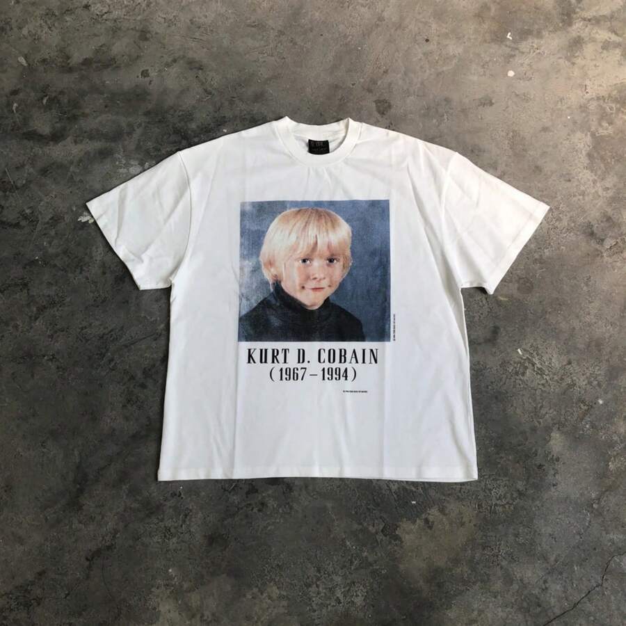 Camiseta holgada de gran tamaño para hombre, ropa de calle de la mejor calidad, estampado gráfico de KURT COBAIN, 100% algodón, informal - Blanco - Ver 1