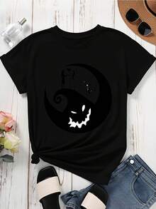 Disney Women Casual Short Sleeve T Shirt  Black Jack Skellington And Sally Yin Yang Design Halloween Party Wear - Black - View 3
