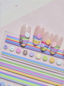 1pc 5D Preppy Style Nail Stickers, Plaid And Button Nail Art Stickers, Self-Adhesive DIY Nail Decoration Accessories, Summer Minimalist Nail Decals, Suitable For Back To School, Casual And Daily Wear, Premium Nail Supplies For Women - Multicolor - View 8