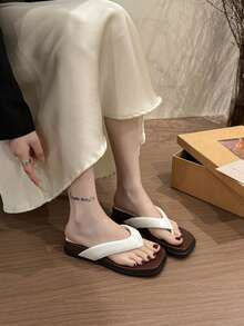 女款夏季新款豹紋拼接色厚底方頭休閒戶外時尚夾腳拖鞋海灘度假涼鞋 - 米色 - 查看 16