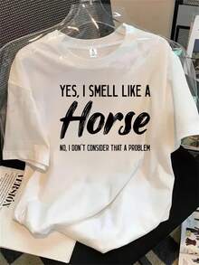 Camiseta de manga corta con cuello redondo para mujer, sí, huelo a caballo, camiseta de manga corta, adecuada para todas las estaciones. - Blanco - Ver 1