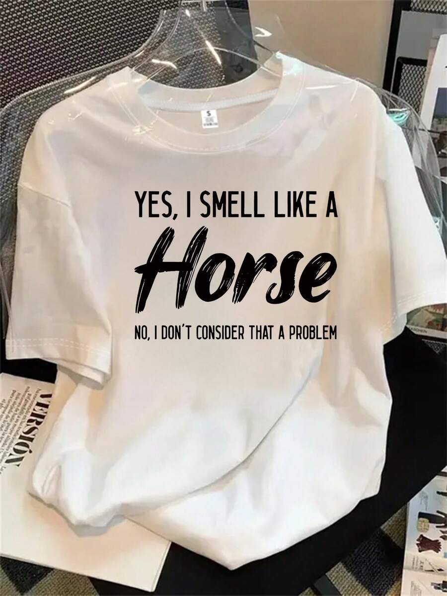 Camiseta de manga corta con cuello redondo para mujer, sí, huelo a caballo, camiseta de manga corta, adecuada para todas las estaciones. - Blanco - Ver 1