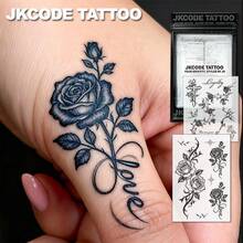 JKCODE TATTOO Kit de 2 adesivos de tatuagem mágica semipermanente, mini tatuagem simples para mulheres, padrão de rosa fresca inspirada na natureza com a palavra "Love" em inglês, sem reflexo, dura 7-14 dias, para pulso, ombro, pescoço e clavícula - Cinza claro - Ver 9