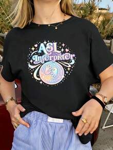 Women's Graphic T-Shirt With American Sign Language (ASL) Interpreter Design, Made Of Soft Cotton, Urban Hip-Hop Style, Comfortable And Durable. - Black - View 1