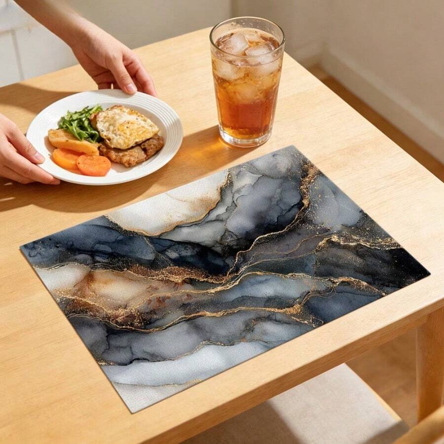 1/2/4/6/8入大理石墨水印花餐墊，18"*12"(45*30cm)，2款黑金與青金抽象水彩設計，100%聚酯纖維防水防污耐熱可機洗耐用桌墊，適用於居家、餐廳、B&B