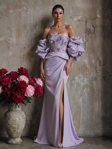 Smilprince 1pc Light Purple Floral Embroidered Beaded Strapless Puff Sleeve Off-Shoulder Tie Back Open Back High Slit Satin Mermaid Evening Gown - Mauve Purple - View 4