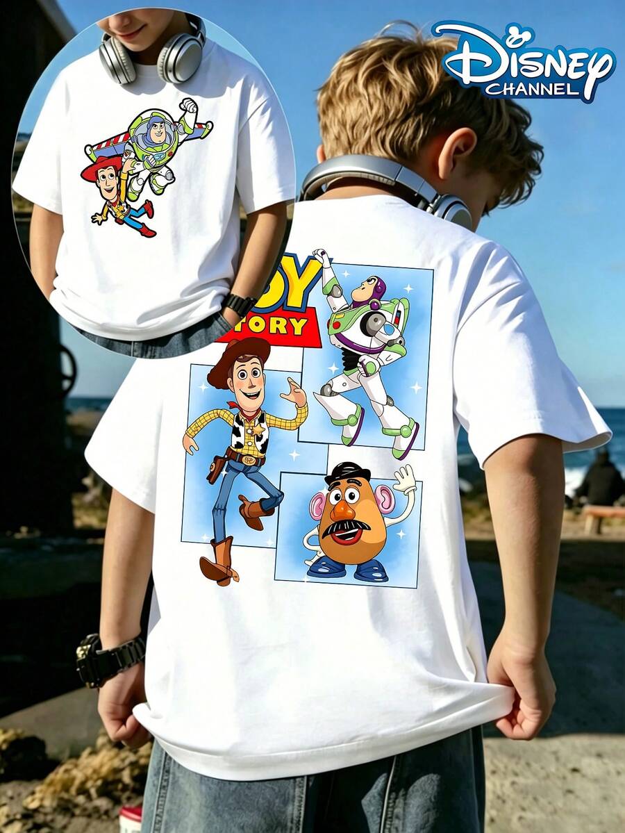 Disney Toy Story Three-Frame T-Shirt, Woody, Buzz Lightyear, And Mr. Potato Head, Playful Casual Top Print Pattern Summer Tops,Short-Sleeved Casual And Cute Style  Children's Clothing Design, Girl Clothes,Boy Kids Clothes ,Ropa Para Niños,Teen Girls Clothes, Summer Clothes,Boys Summer Outfits,Boys Clothes,Perfect For Cool Girls. Comfortable And Breathable Children's Short-Sleeved T-Shirt. Comfortable And Casual Wear All Year Children's Clothes,Comfortable & Lightweight, Iconic Print For Mix-And-Match Outfits,Suitable For Both Boys And Girls. - 白色 - 查看 1
