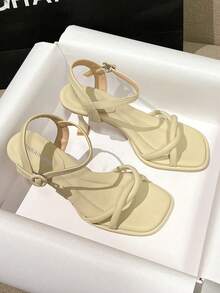 Nuevas sandalias de tacón alto elegantes de primavera/verano 2026, zapatos de mujer minimalistas y cómodos de moda en colores amarillo, beige y morado, con diseño de tacón fino - Amarillo - Ver 2