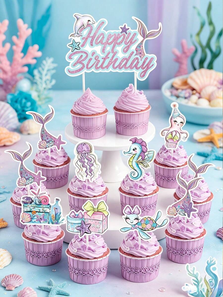 17pcs Mermaid Theme Cupcake Decorations, Mermaid Birthday Party Cupcake Decorations, Ocean Creature Mermaid Tail Pattern Cake Decorations, First Birthday Cake Decorations, Mermaid Birthday Party Decorations, Baby Shower Party Decorations, Birthday Party Supplies, Underwater World Party Decorations, Ocean Theme Birthday Decorations, Birthday Gifts, Party Favors