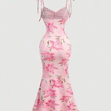 Nana's Women's Clothing Store  MOD Vestido de tirantes con estampado floral y dobladillo de cola de pez para mujer, vestido amarillo primaveral - Rosa - Ver 3