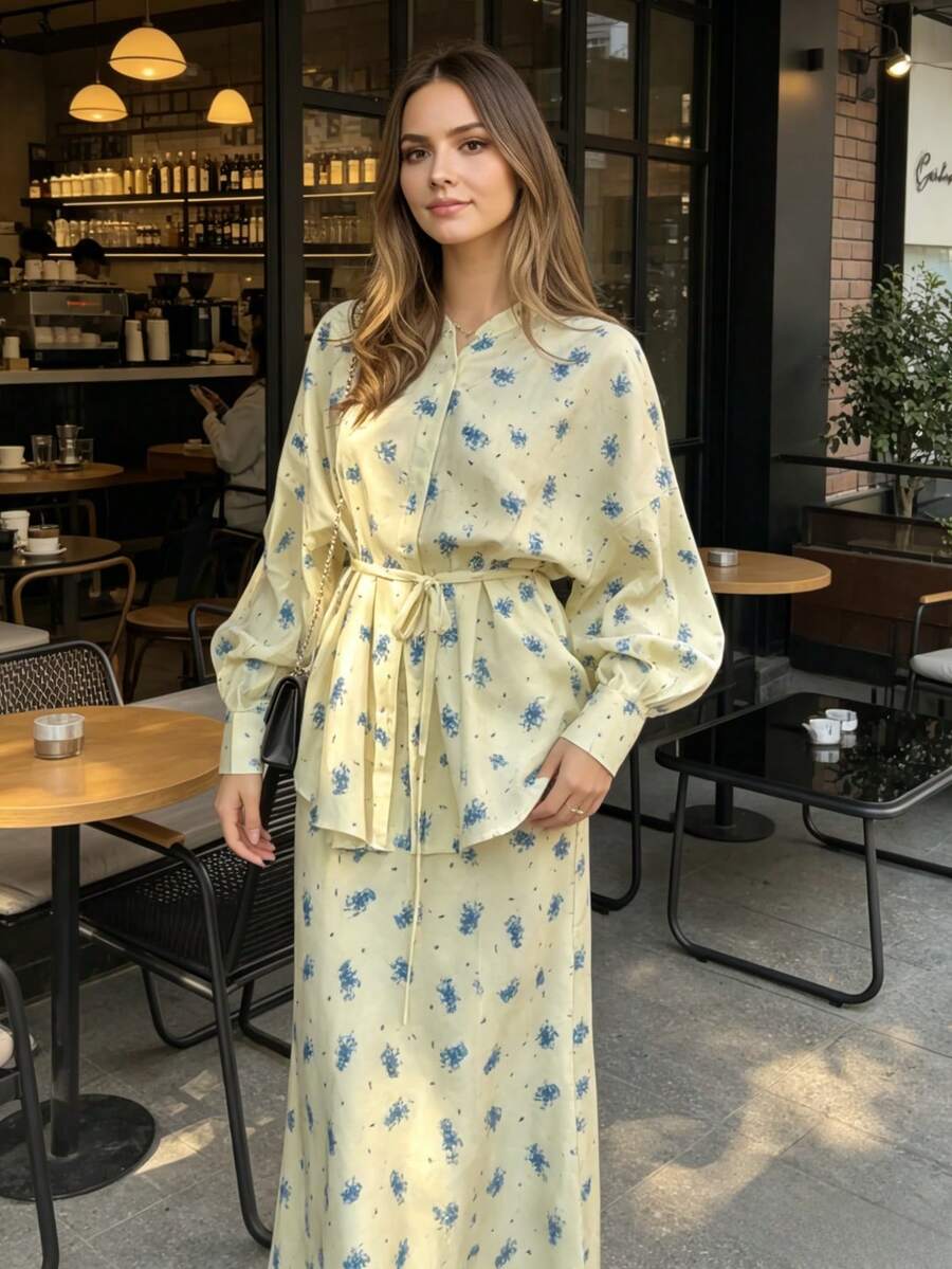 Boho Floral Print Two-Piece Outfit, Button-Up Blouse And Flowy Maxi Skirt - 藍色花 - 查看 1