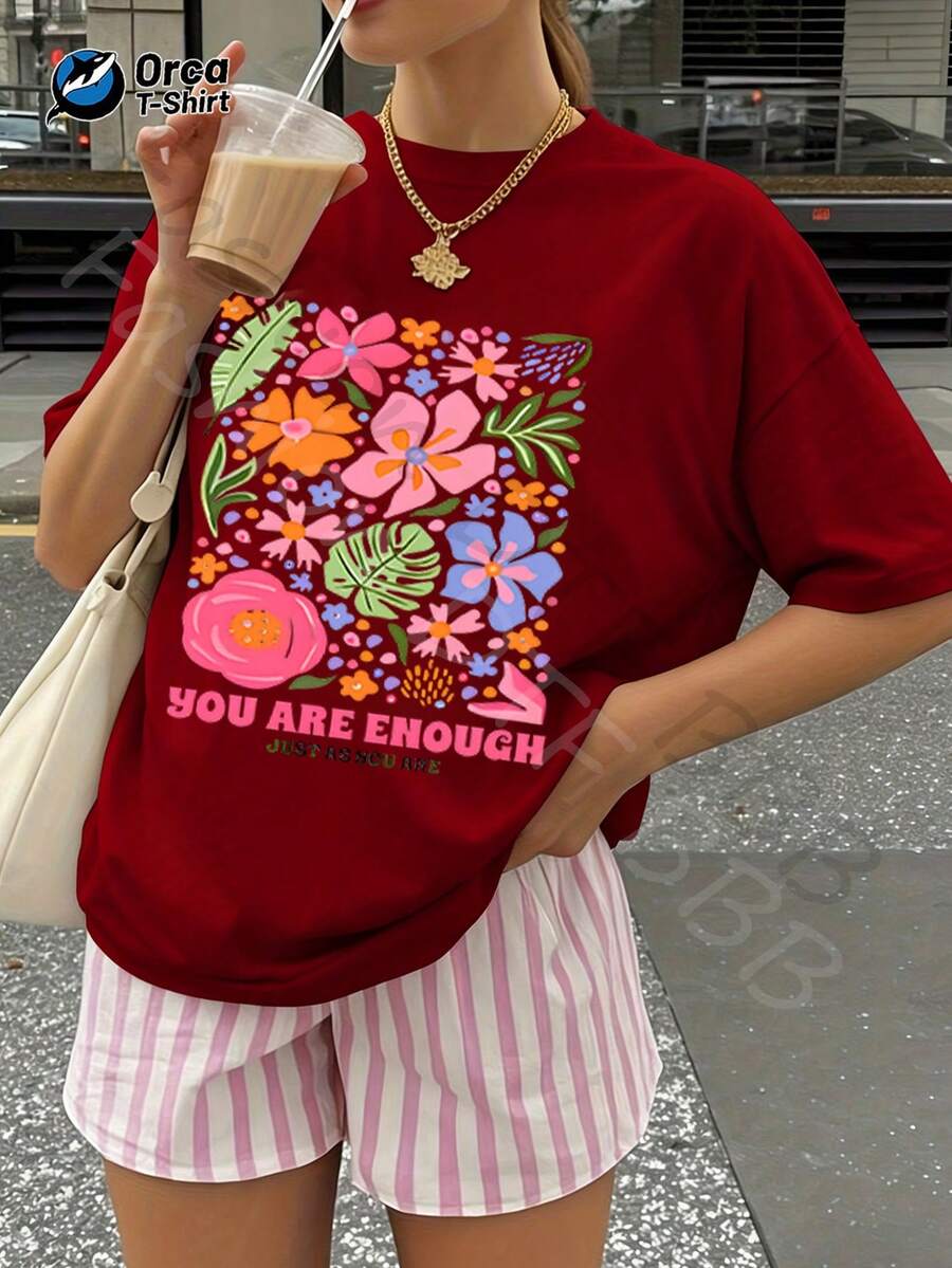 1 Piece Of Women's Casual Short-Sleeved T-Shirt, 100% Cotton, With Vintage Red And Blue Floral Print, Ideal For Daily Outings, Home Use Or As A Gift For Women. - 紅色 - 查看 1