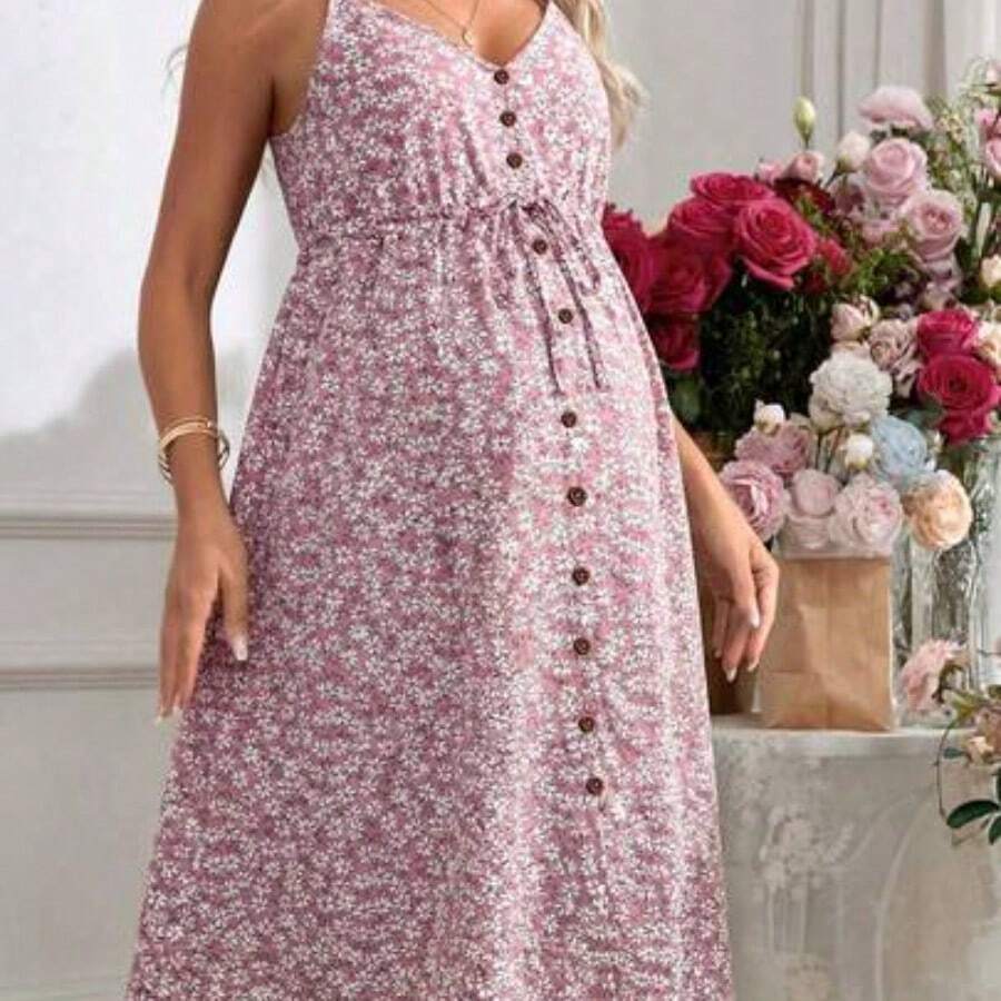 YYRR Lyckli Vestido de maternidad de longitud hasta la rodilla, de ajuste ceñido y con tirantes ajustables, romántico para vacaciones - Rosa - Ver 1