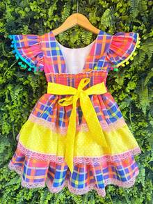 Children's Checkered Dress For June Festival, Colorful Pink And Yellow, Ruffles And Ribbons, Country Style, Luxury - Nhiều màu - Xem 5