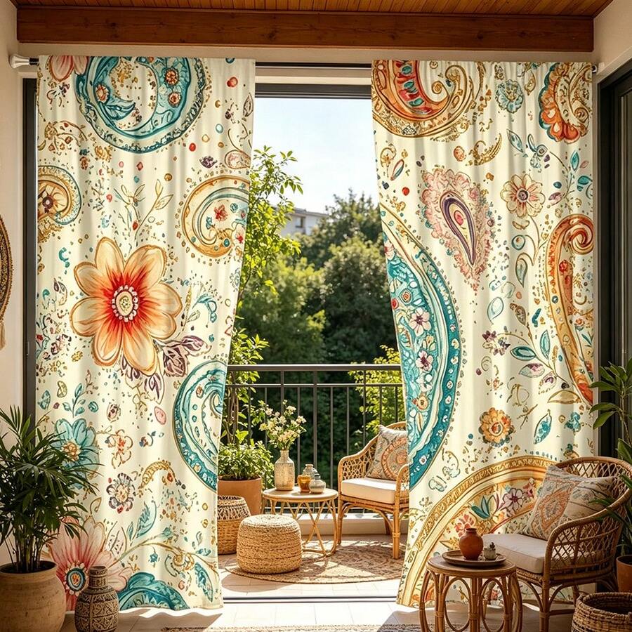 2PCS Bohemian Floral Themed Curtains With Paisley Pattern Design, Pole Pockets, Privacy Protection, Room Decoration Curtains, Living Room Curtains, Versatile Decorative Curtains, Machine Washable, Suitable For All Seasons,Excluding Straps - Multicolor - View 1