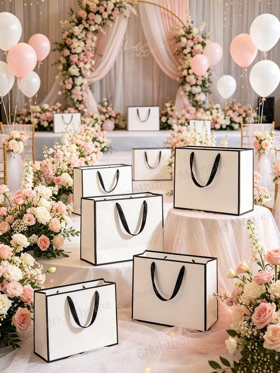 4pcs/1pc-Black Gift Bag, Paper Gift Bag With Ribbon Handle, Portable Paper Gift Bag With Handle, Birthday Gift Bag, Wedding Party Gift Bag, Suitable For Wedding Gifts (Bridesmaids), Neutral, Shopping Bag, White Gift Socks, Solid Color Gift Bag (4pcs/1pc)