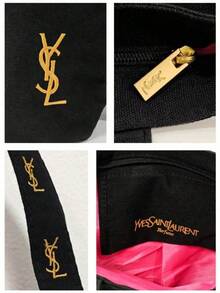 Yves Saint Laurent 黑色刺繡LOGO托特化妝包，大容量防水帆布手提收納包，粉色內裡拉鍊隔層，通勤購物旅行雙用彩妝收納包，奢華女款便攜禮品 - 黑色 - 查看 7