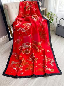 1件女款仿絲花卉印花春/秋季時尚百搭披肩旅行圍巾日常裝飾 - 紅色 - 查看 3
