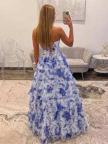 MisShow Elegant Sleeveless Heart Shape Maxi A-Line Dress For Women, Floral Print Layered Tiered Formal Gown For Prom And Ball Events - Màu xanh nhạt - Xem 7
