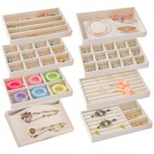 Caja de Almacenamiento de Joyería Bandeja de Joyería de Terciopelo Multifuncionales Caja Para Cajones Bandejas Apilables Para Collares Aretes Pulseras Anillos - Beis - Ver 8