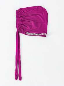 1PC Women's Fashion Solid Color Rhinestone Muslim Tie-Up Hat, Versatile Scarf Headscarf Undercap, Suitable For Daily Wear - 119-purple Rose Red - View 6