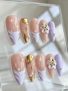 10pcs Date Essential Soft Skin Nude Pink Lavender French Gold Swirl Pearl 3D Flower Bright Color Versatile Press-On Nails - 紫丁香色 - 查看 5