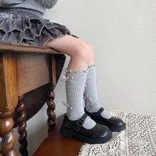 Calcetines holgados para niños y bebés estilo princesa con borde de volantes de algodón, rayas verticales y lazo de lana con efecto aterciopelado, estilo coreano - Gris - Ver 2