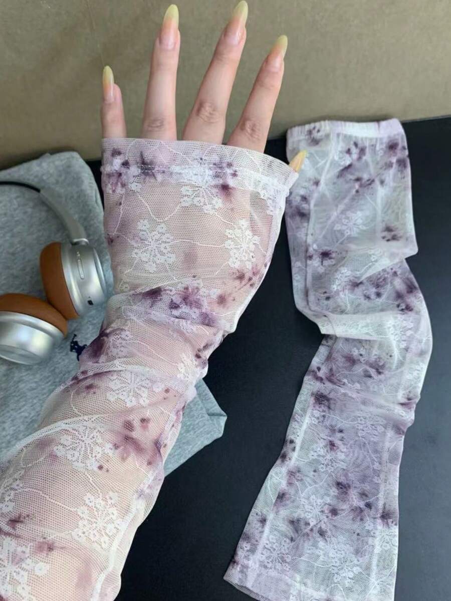 1對女款紮染蕾絲網格露指袖套，柔軟薄款透氣造型手臂保暖套