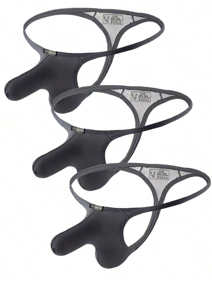 3-Pack Men's Big Pouch G-String Sexy Breathable Y-Back Thong Underwear Low Rise Sexy Thong Underwear Bulge Pouch Lingerie - 灰色 - 查看 1