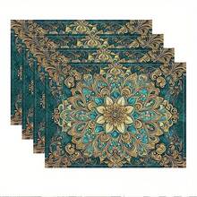 1/2/4/6/8入 藍綠金曼陀羅印花餐墊，18"*12"(45*30cm)，2款華麗花卉與大理石花卉設計，100%聚酯纖維防水防污耐熱可機洗餐桌墊，適用於居家、餐廳、B&B - 彩色 - 查看 5