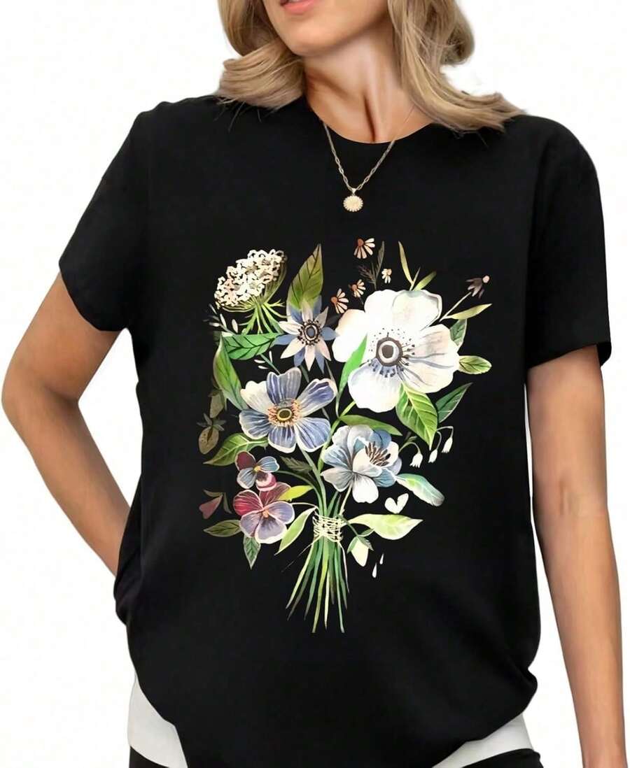 Women's Vintage Bohemian Floral Print T-Shirt, Short Sleeve Printed Blouse For Girls, Breathable And Comfortable. Pure Cotton T-Shirt, Soft And Comfortable To The Touch. - -10 - 查看 1