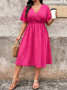 Plus Size Deep V-Neck Waist-Defining A-Line Midi Dress, Short Sleeve Pink Casual Summer Dress Elegant - Hot Pink - View 2