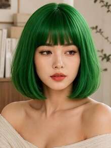 Peruca Reta Verde Feminina de Comprimento até os Ombros 12 Polegadas com Franja, Material Sintético de Fibra de Alta Temperatura, Estilo Elegante e Versátil, Adequada para Carnaval, Festival de Música, Festa, Uso Diário de Todas as Mulheres, Confortável e Natural - Verde - Visão 1