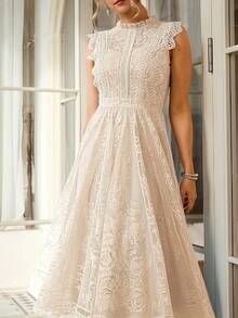 Women's Wedding Guest Dress, New And Elegant Fan-Shaped Lace Flared Dress, Retro Sleeveless Lace Dress, Suitable For Wedding Bridesmaid Dress, Evening Party, Casual Romantic Dates - 灰藍色 - 查看 2