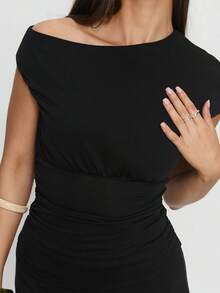 Women's Asymmetric Neck Ruched Top Sleeveless Off-Shoulder Bodycon Blouse For Night Out - Black - View 4