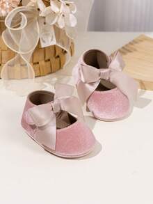 Säuglingsmädchen Samt Mary Jane Flache Schuhe mit großer Schleife Klettverschluss rutschfeste Gummisohle Säuglings Kleinkind Prinzessin Kleiderschuhe - Pink - Übersicht 10